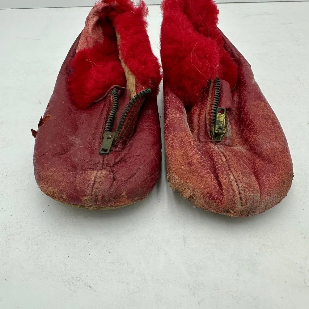 Vintage Kids Red Leather‎ Shearling Lined Zip Up Bootie Slippers Fur Trim Fair